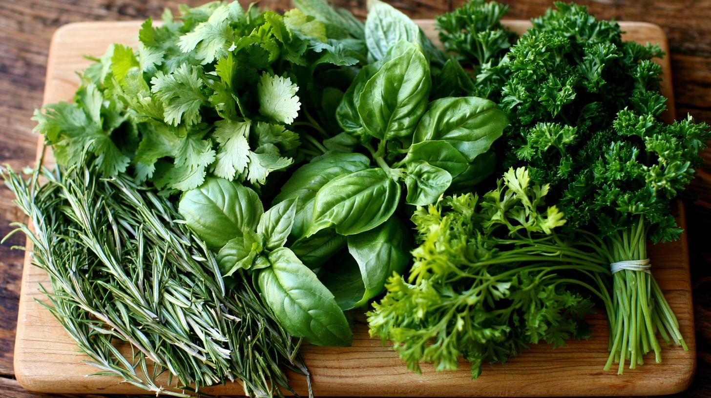 Fresh rosemary, basil, cilantro, and parsley bunches placed on a wooden cutting board.