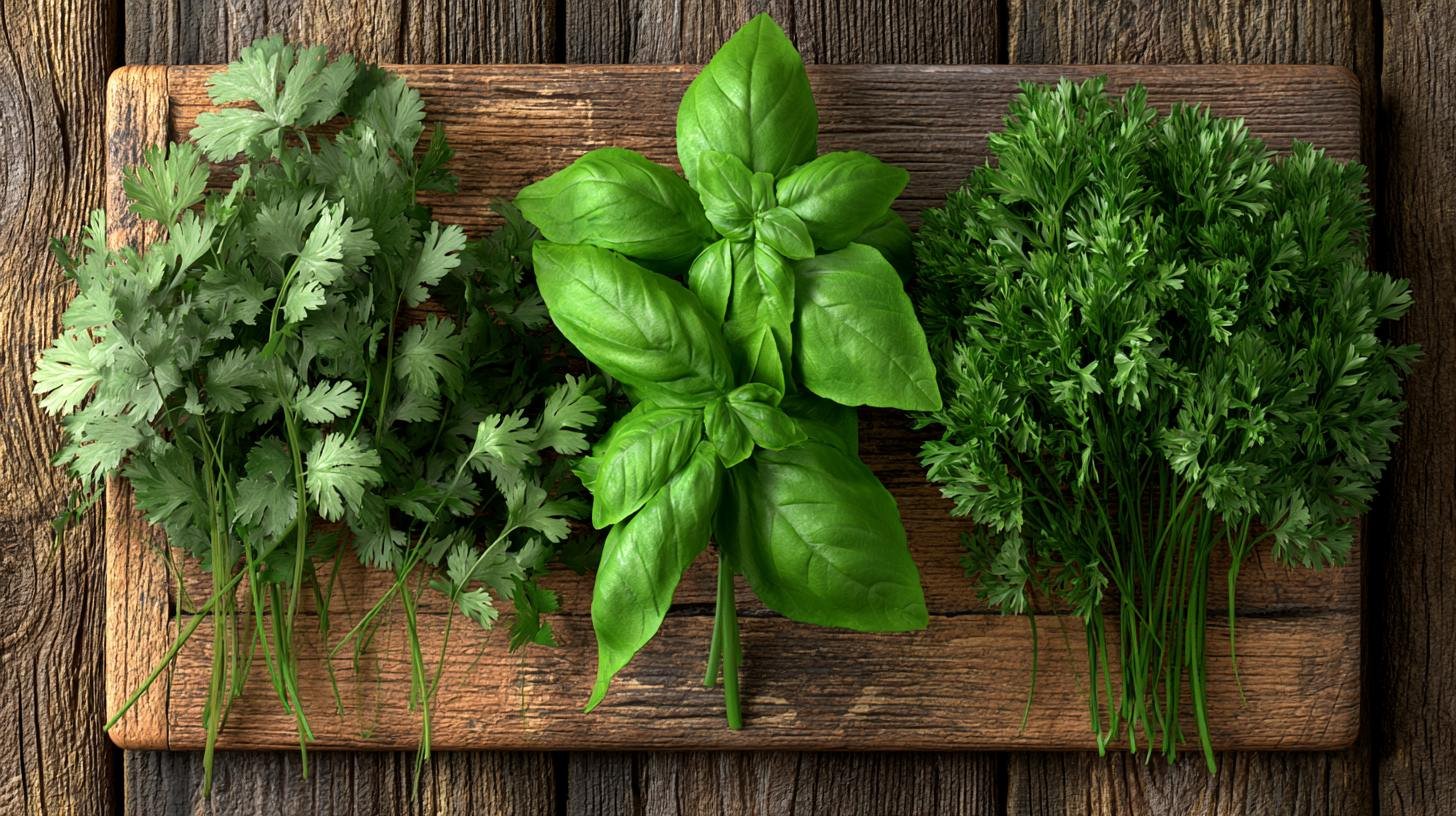 Cilantro, basil and parsley bunches on the wooden board.