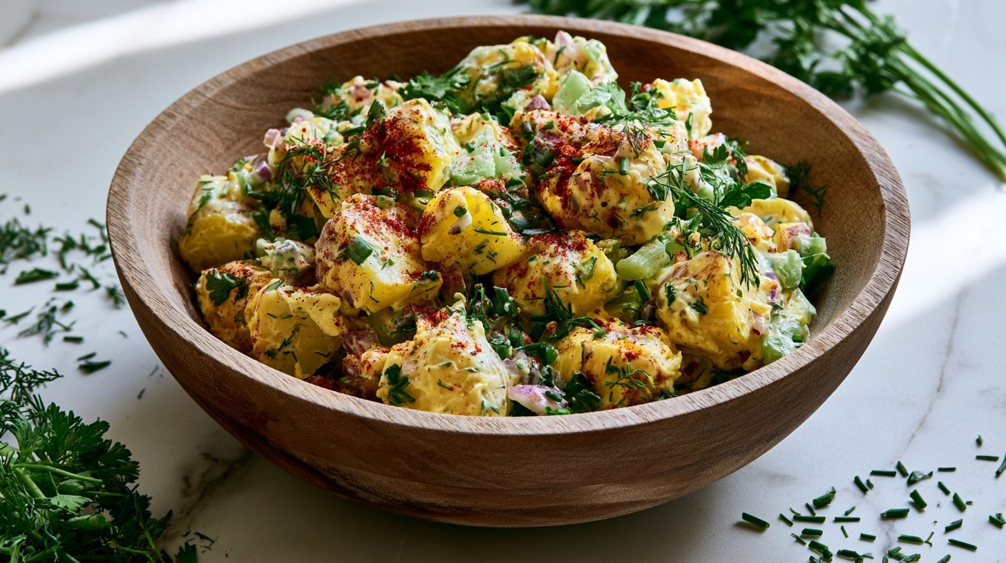 Healthy potato salad made with Greek yogurt, Yukon Gold potatoes, celery, red onion, and fresh dill in a serving bowl.
