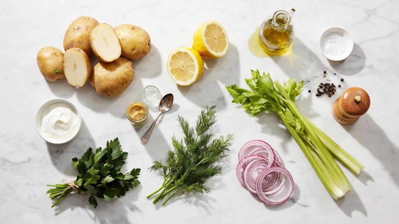 Fresh ingredients needed to make healthy potato salad with Greek yogurt dressing.