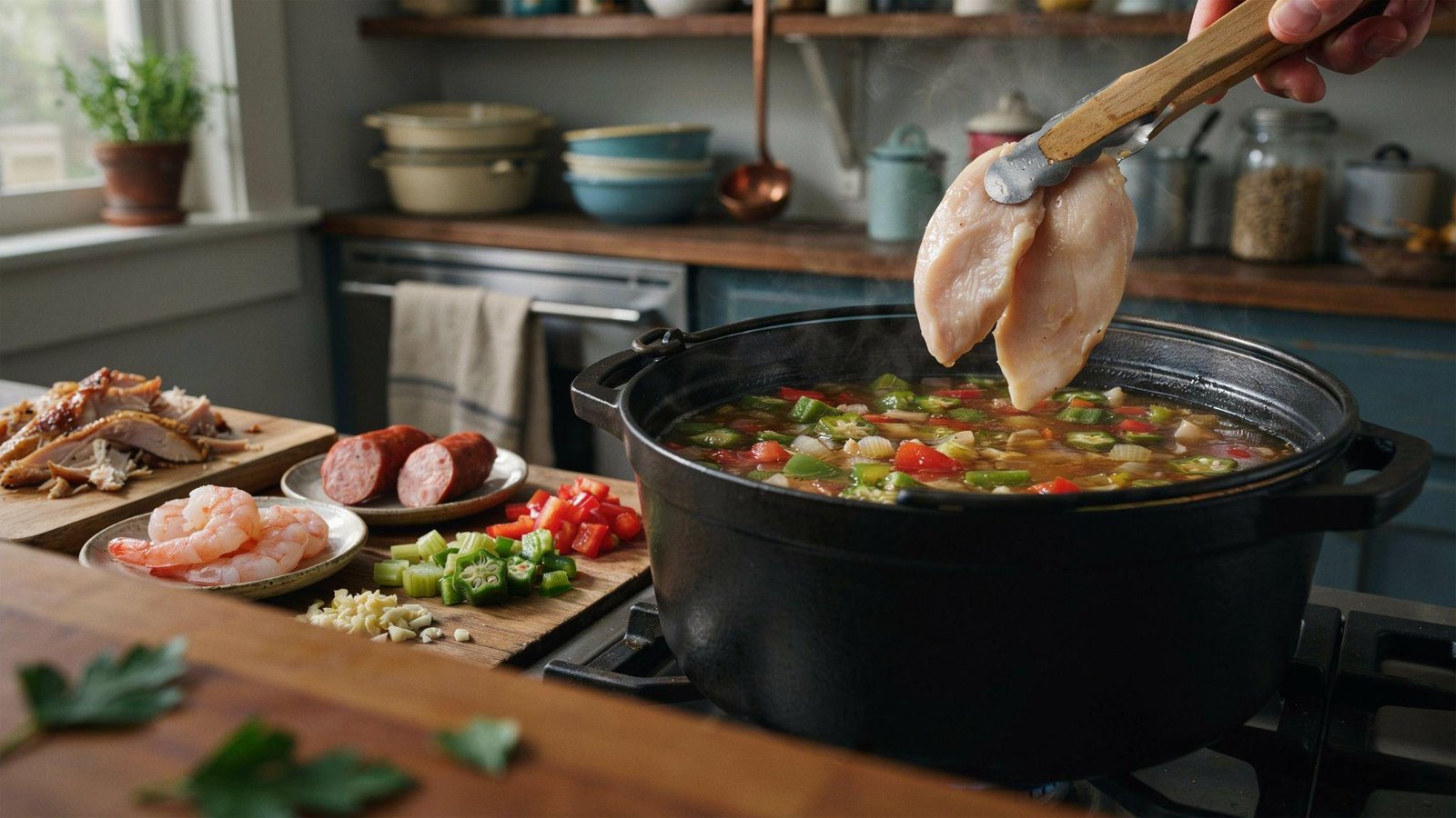 Lean chicken, shrimp, and turkey sausage added to simmering healthy gumbo with vegetables.