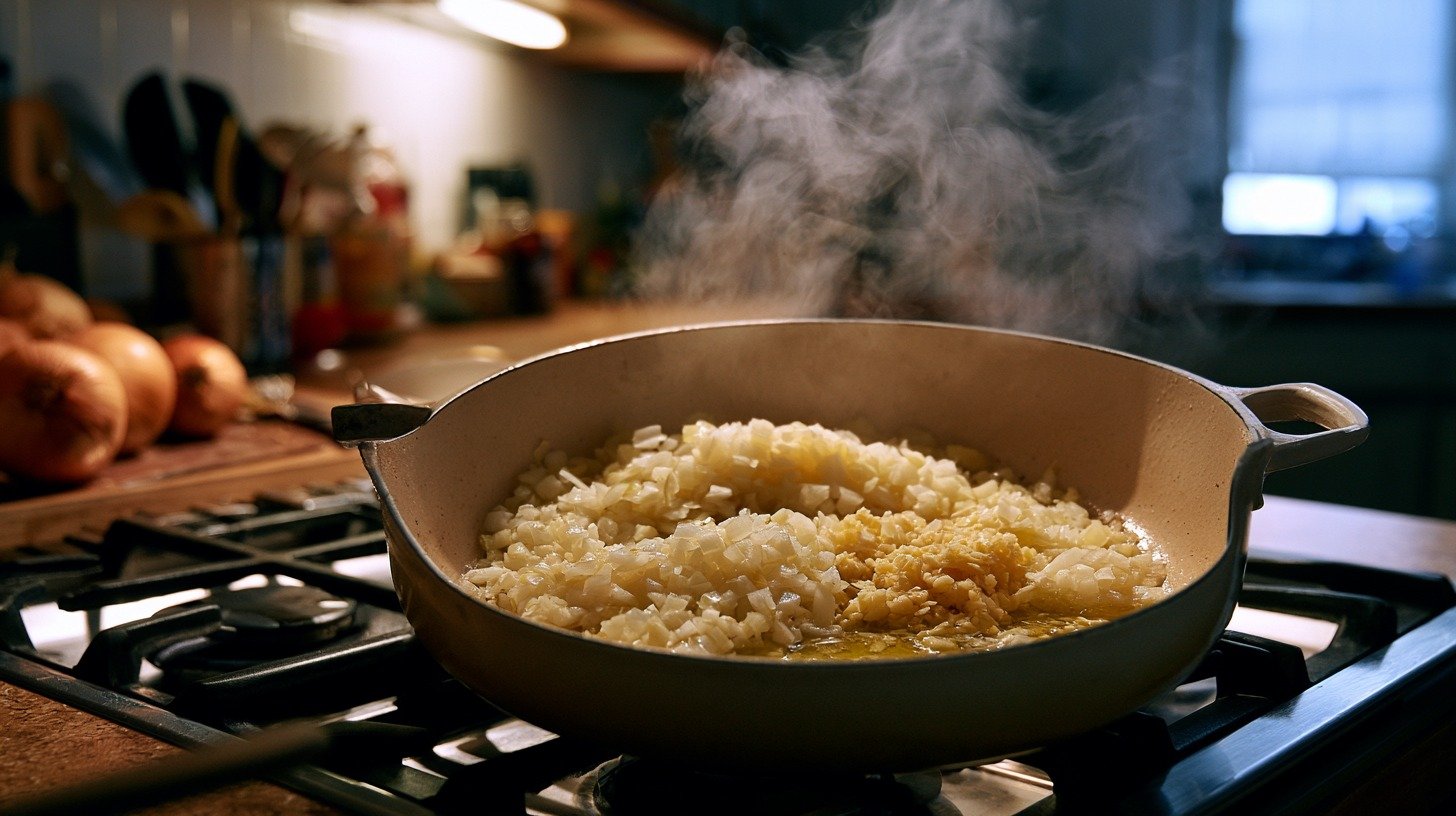 Onions and garlic sautéing in a pot.
