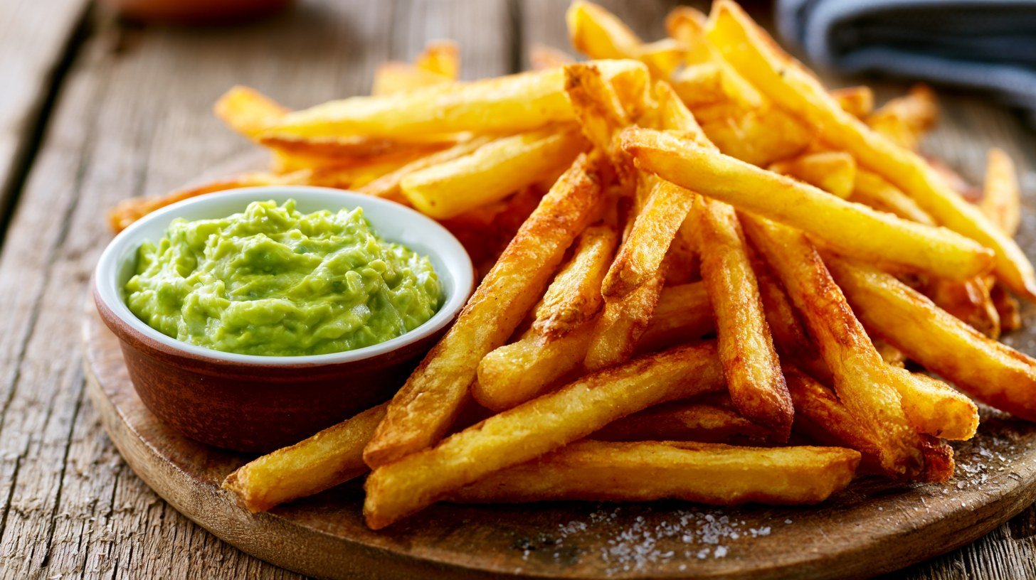 Crispy golden french fries served with a bowl of green avocado aioli on a wooden board.