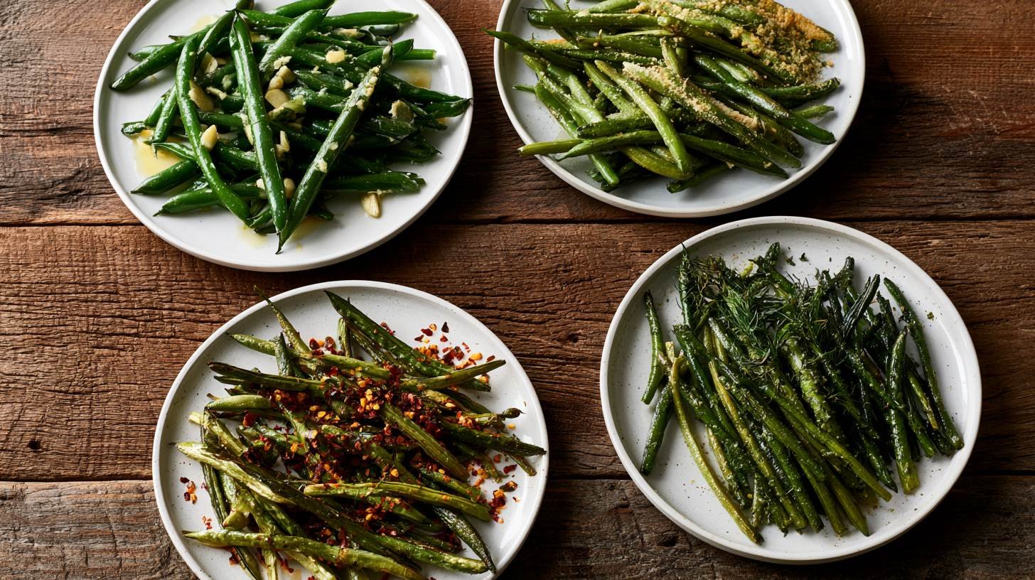 Four variations of roasted green beans including garlic butter, Parmesan, spicy, and vegan recipes.