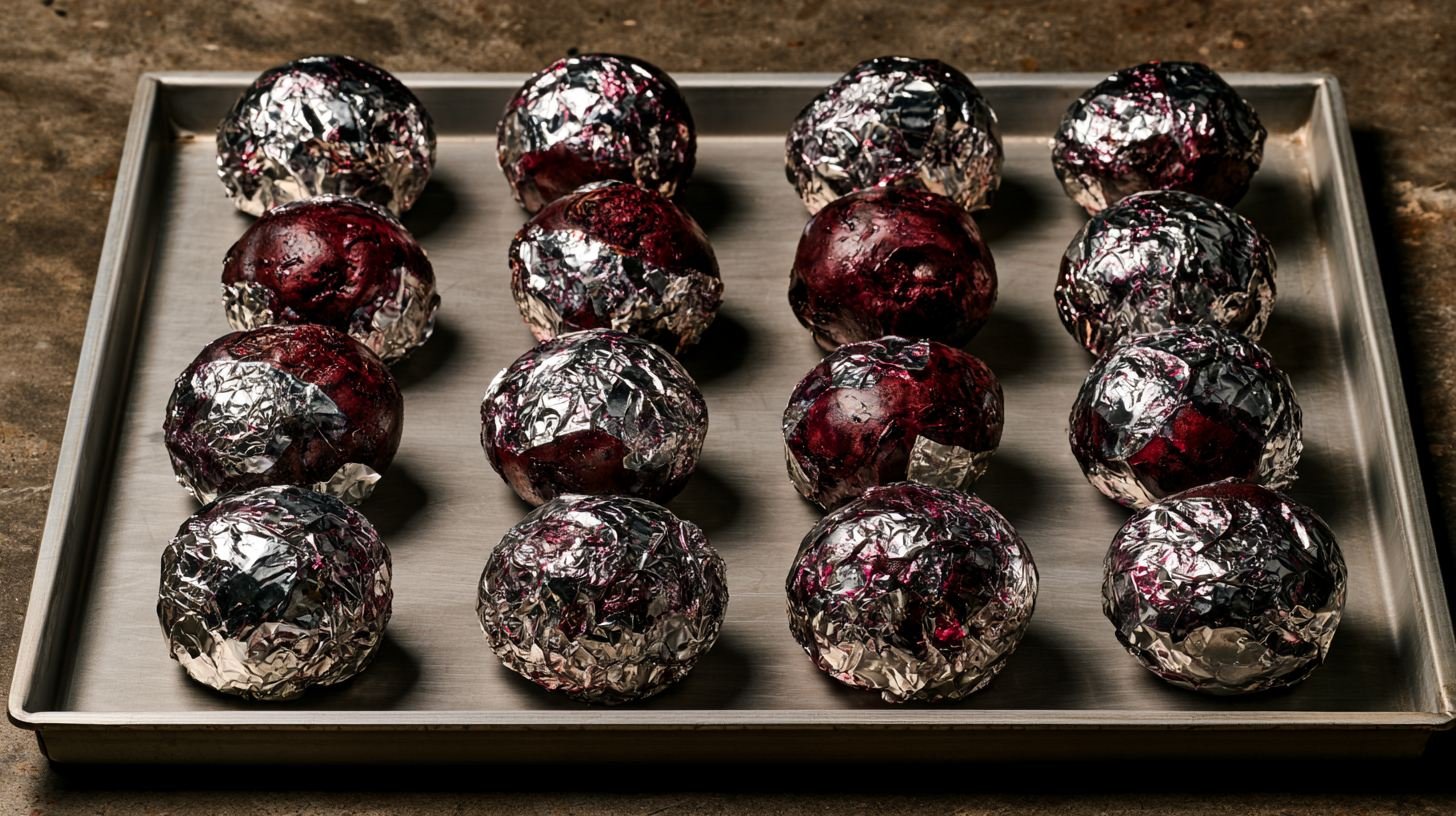 Whole beets individually wrapped in aluminum foil.