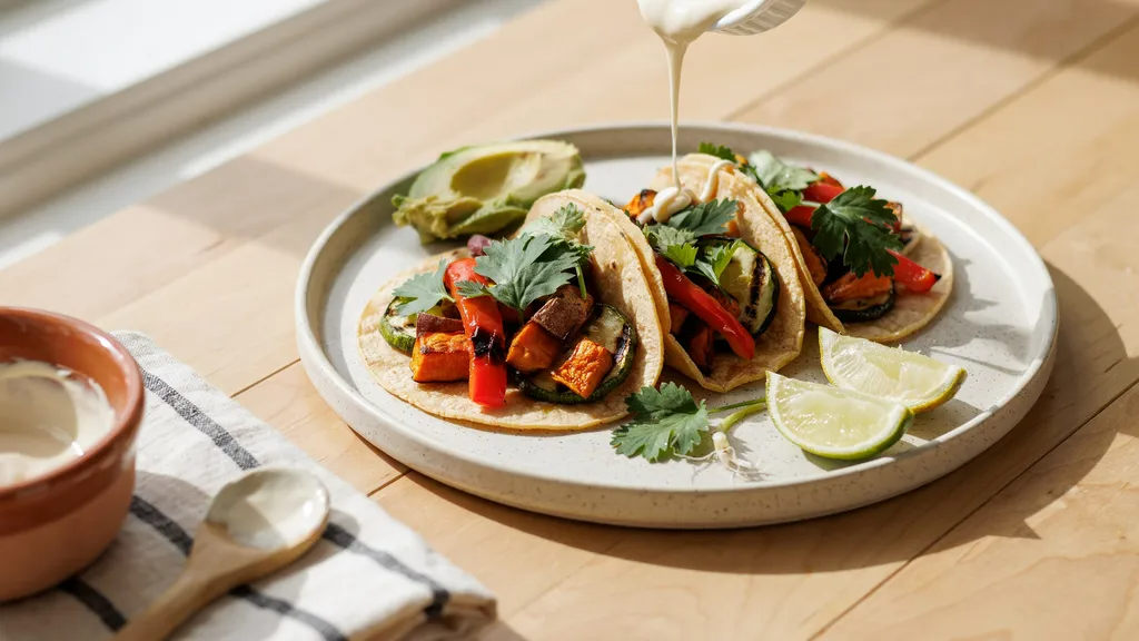 Vegan crema drizzled over tacos with fresh toppings.