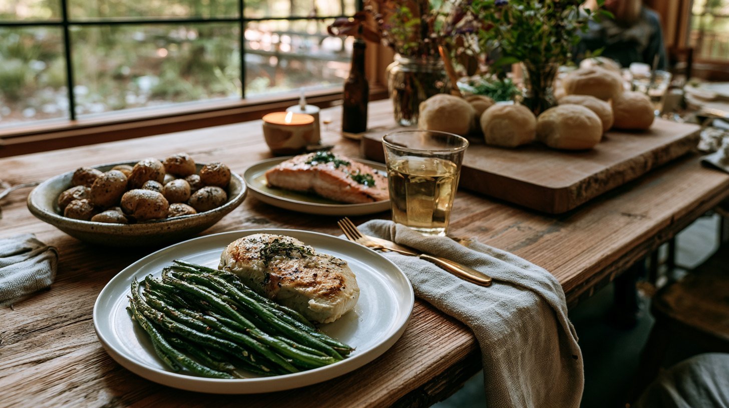 Roasted green beans served alongside grilled chicken, salmon, and roasted potatoes.