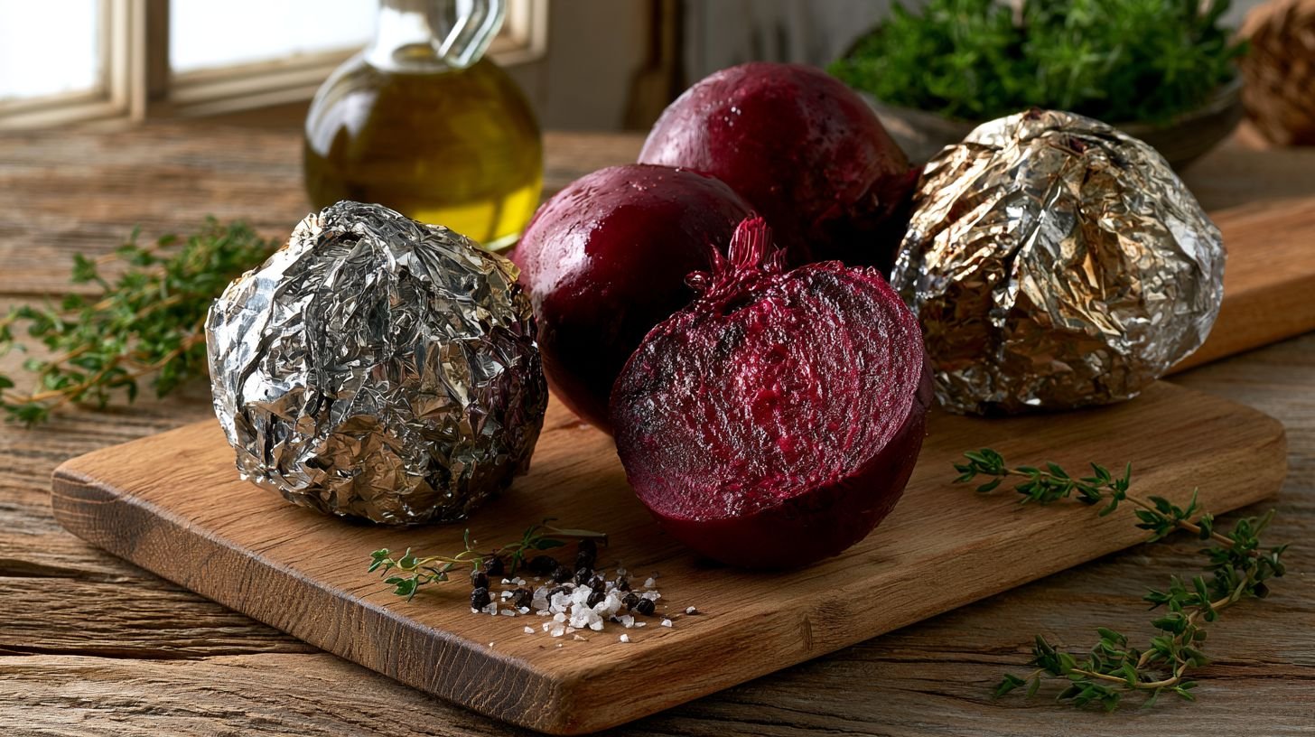 Roasted whole beets wrapped in foil with one sliced open on a wooden cutting board.