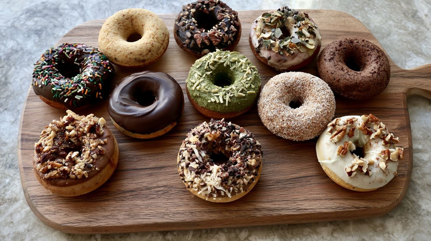 Different varieties of healthy baked donuts.