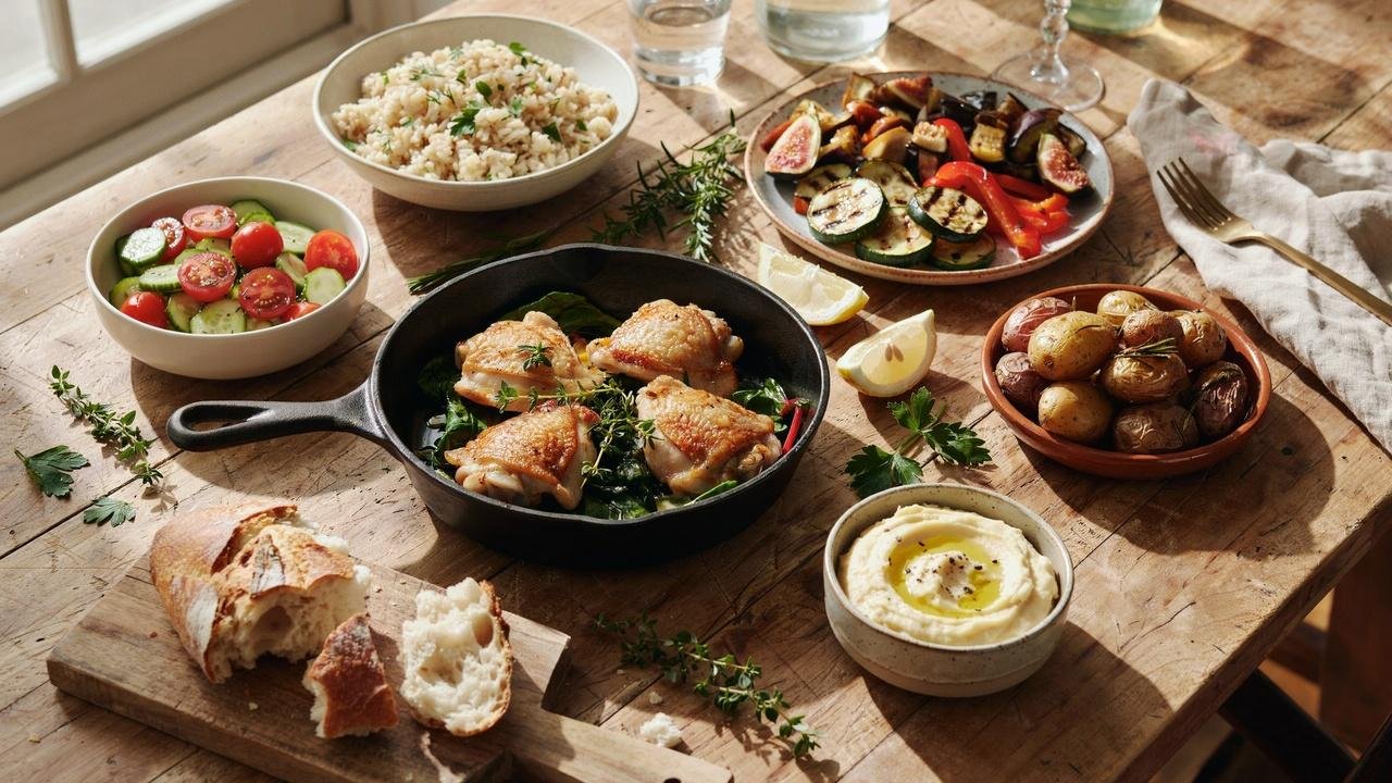 A Mediterranean chicken and greens meal served with rice, roasted potatoes, fresh salad, bread, and vegetables on a rustic dining table.