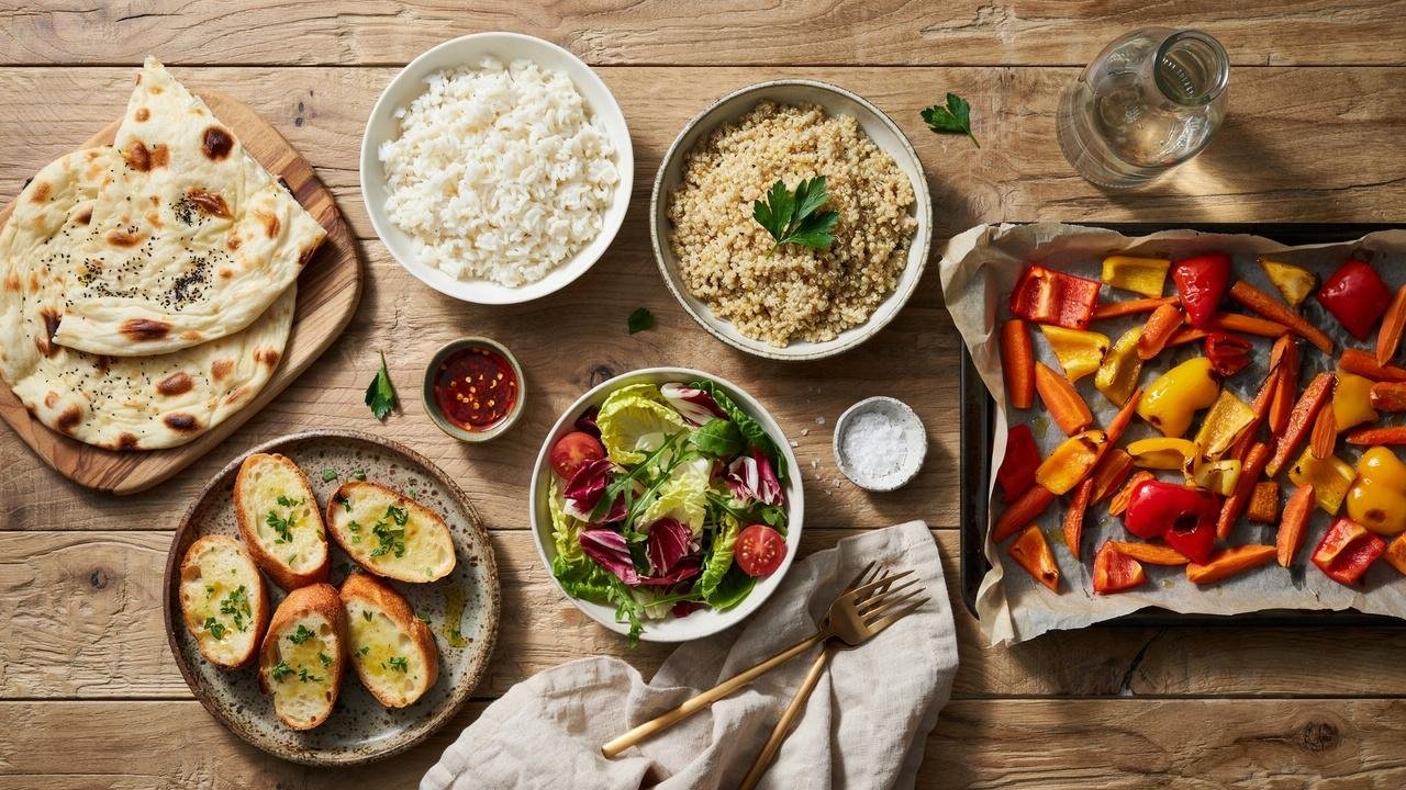 Wooden table with steamed rice, naan, quinoa, roasted vegetables, green salad, and garlic bread.