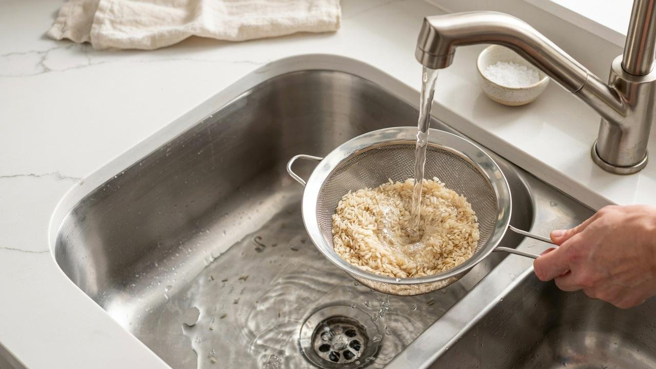 Brown basmati rice being rinsed under cold running water in a fine mesh strainer before cooking.
