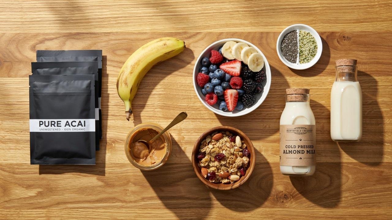 Acai bowl ingredients laid out separately on a table, including frozen acai, banana, milk, and toppings.