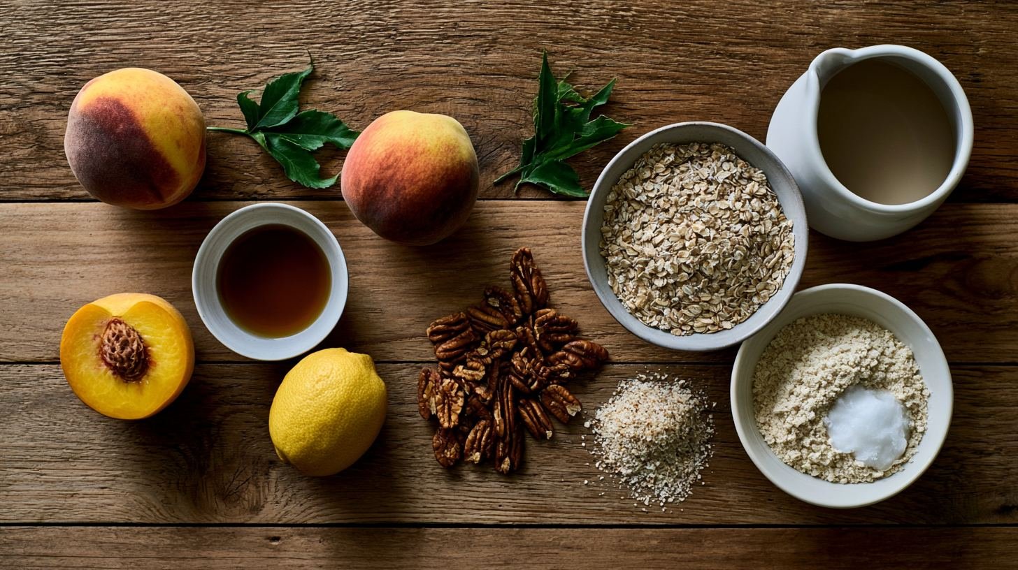 Healthy peach crisp ingredients including peaches, oats, nuts, and maple syrup.
