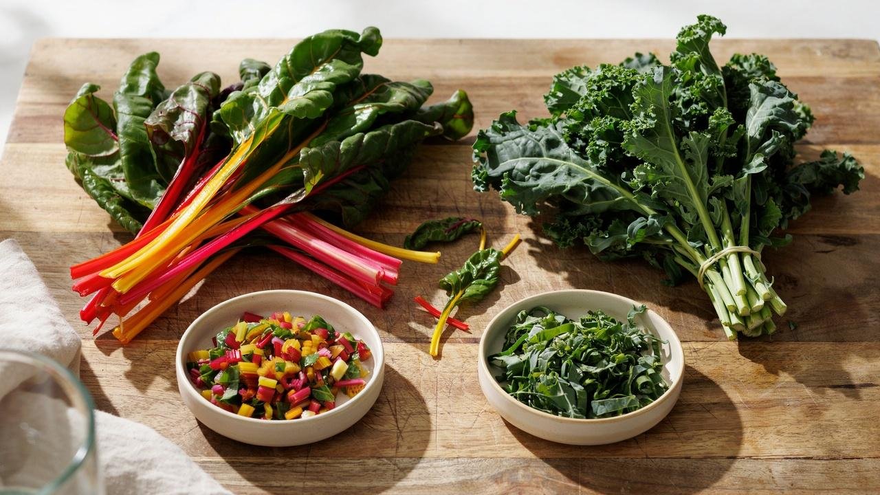 Fresh Swiss chard and curly kale displayed side by side for comparison.