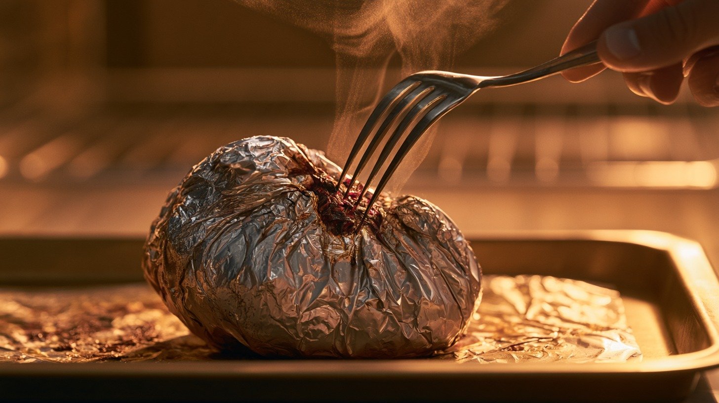 Testing roasted beet for tenderness with a fork.