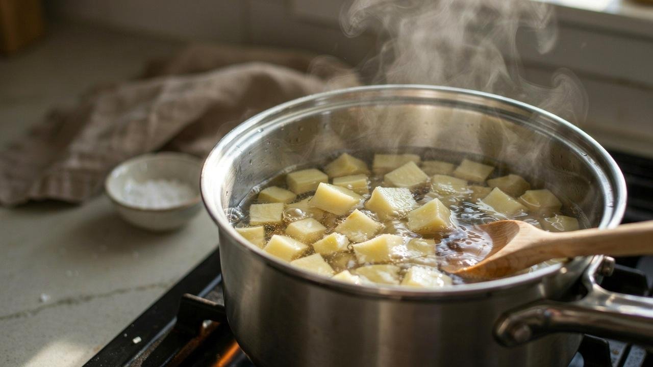 Cubed Yukon Gold potatoes boiling in a pot of salted water until fork tender.