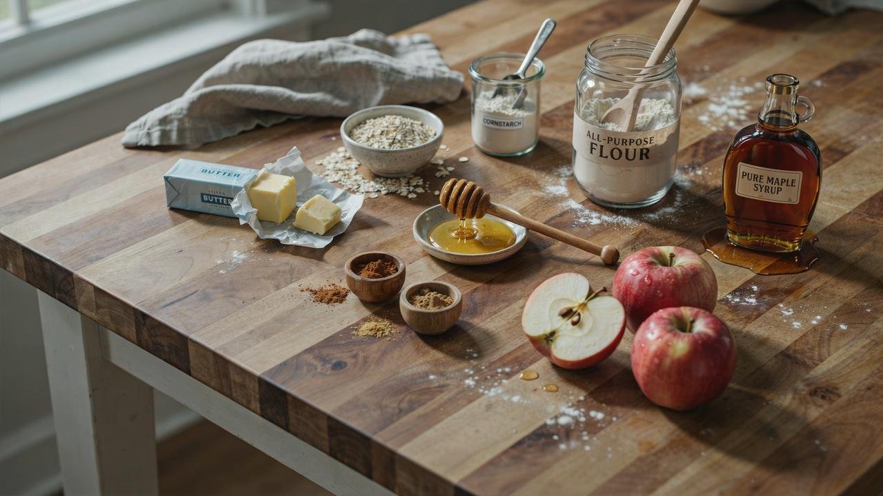 Apples, rolled oats, flour, maple syrup, honey, cinnamon, nutmeg, butter and cornstarch kept on a wooden table.