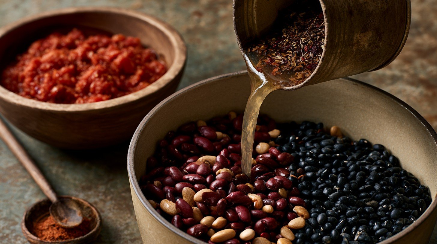 Beans, tomatoes, and broth being added to chili.