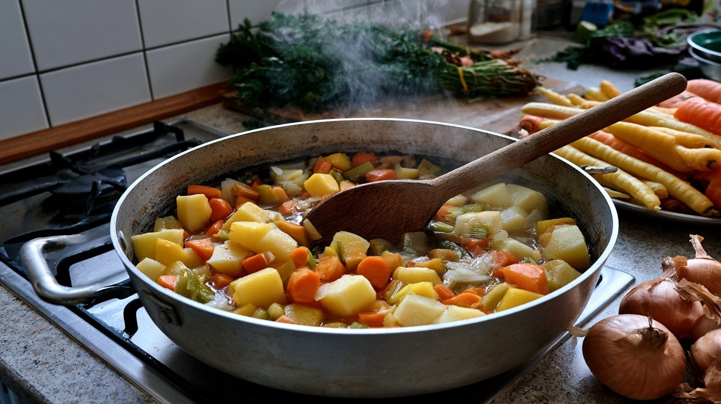 Vegetables cooking in a pot for salmon stew.