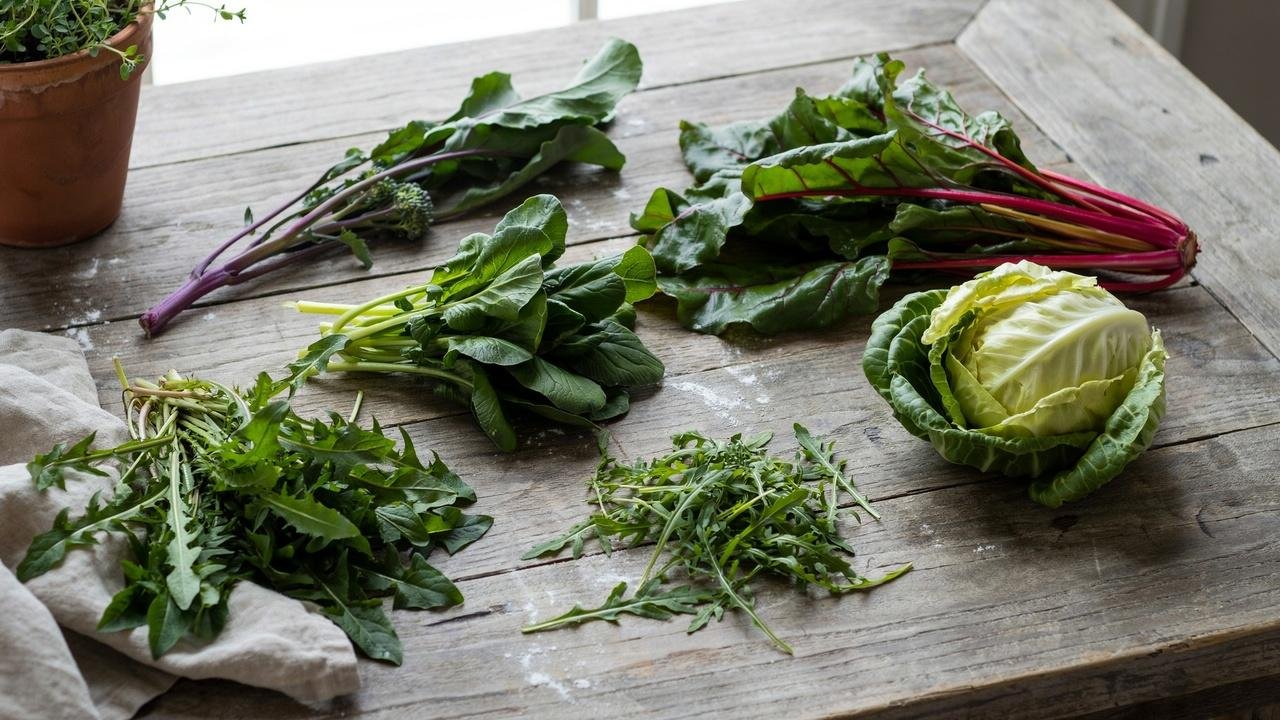 An assortment of fresh leafy greens including mustard greens, arugula, beet greens, escarole, dandelion greens, and broccoli rabe.