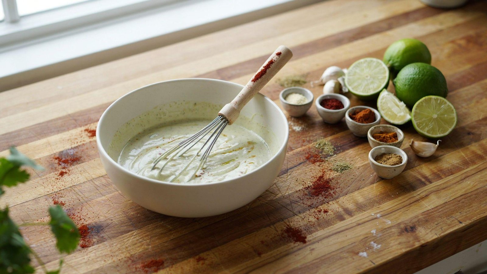 Creamy Greek yogurt dressing mixed with lime juice and flavorful spices in a rustic bowl.