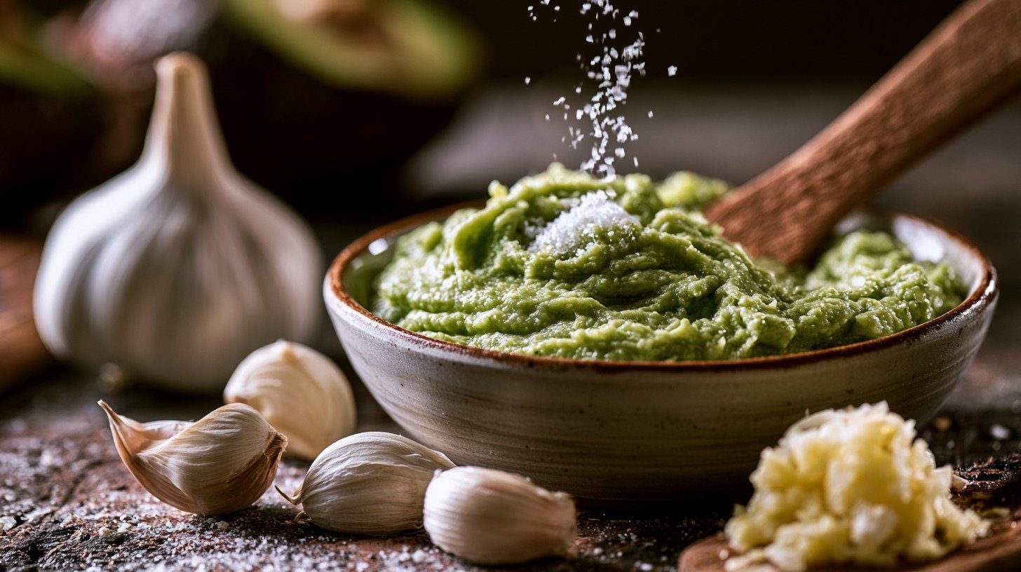 Creamy blended avocado paste in a bowl, pinch of salt being sprinkled on top.
