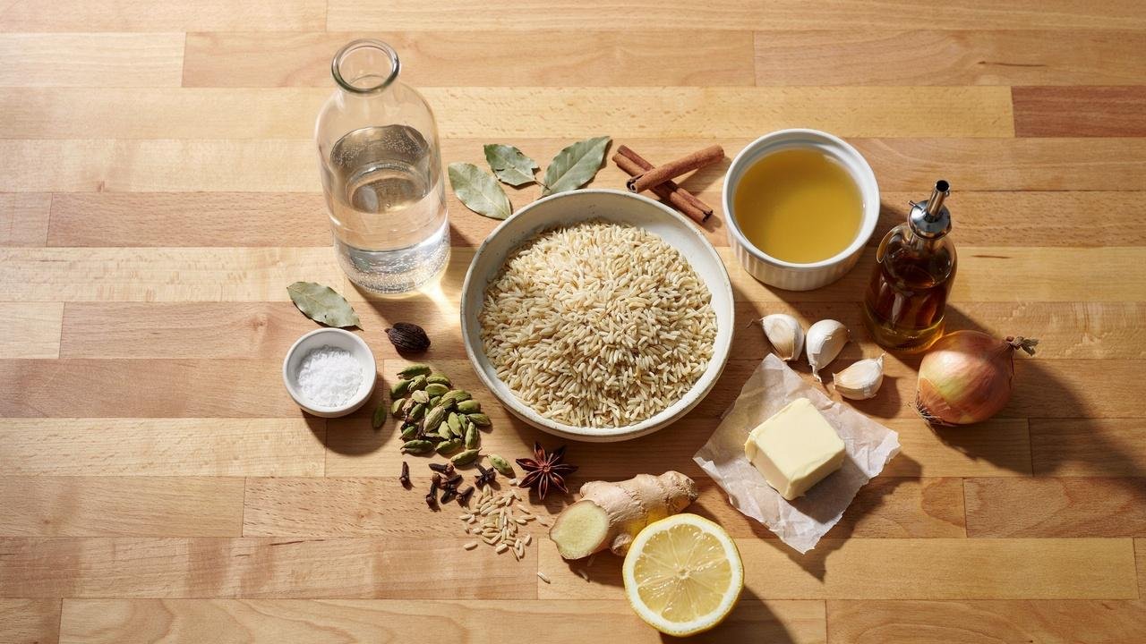 Top-down view of brown basmati rice ingredients with water, broth, butter, salt, and aromatic spices arranged on a wooden kitchen surface.