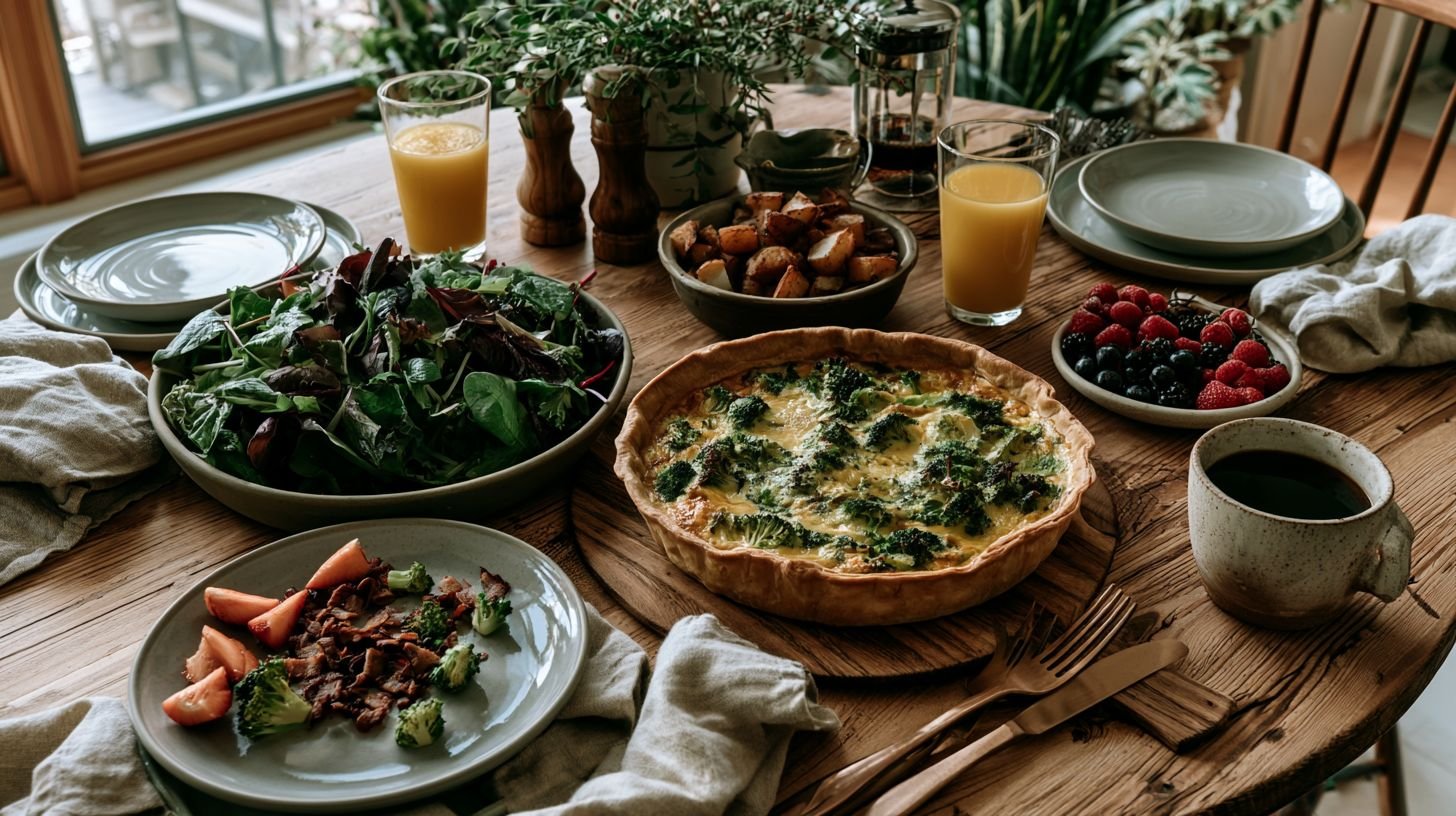 Broccoli quiche served with salad and breakfast sides.