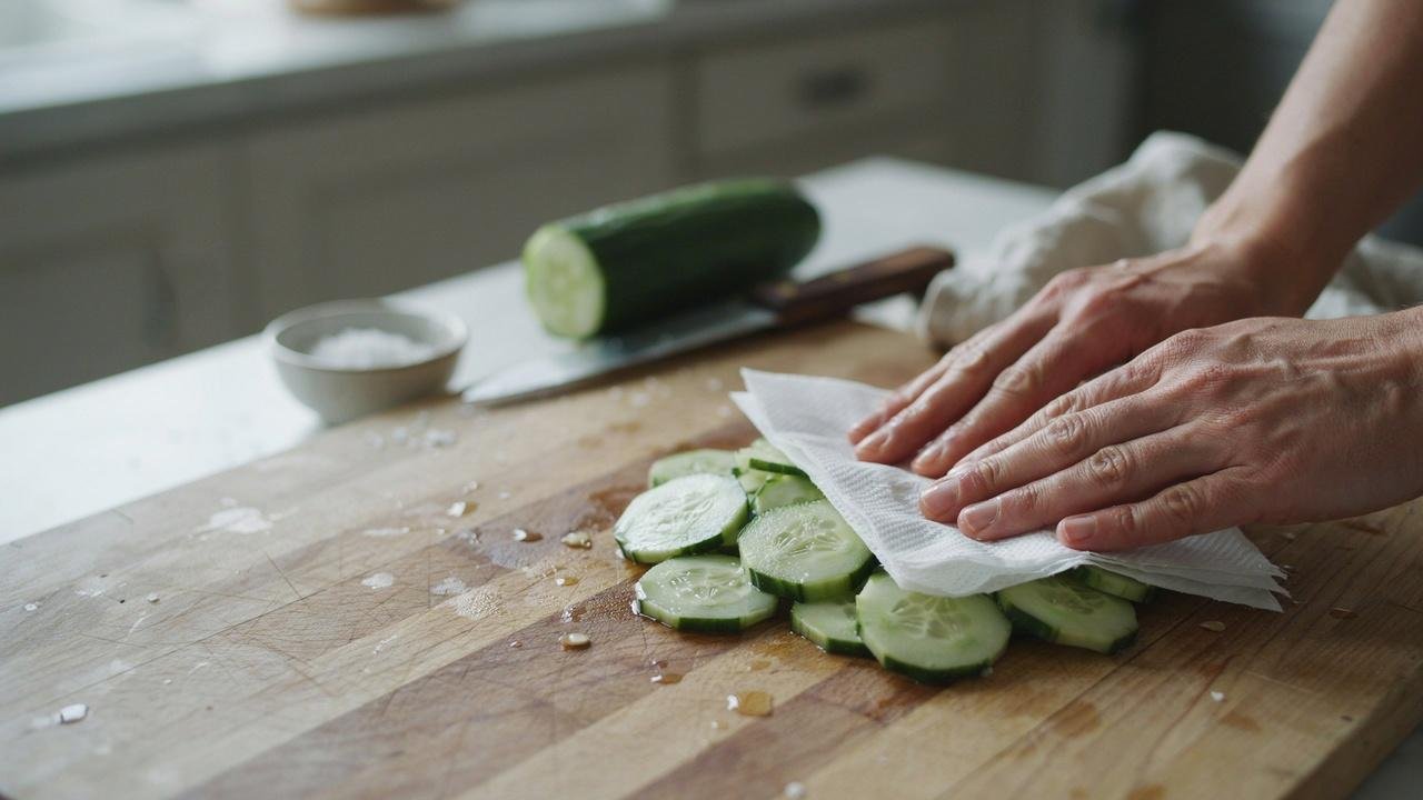 Hands patting sliced cucumbers dry with a white paper towel on a wooden kitchen counter.