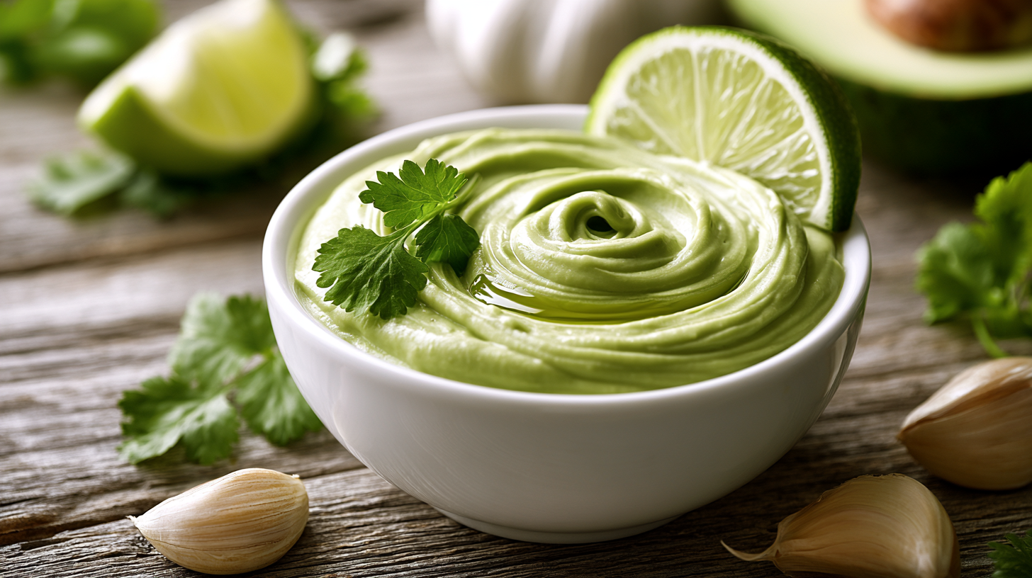 Creamy avocado aioli in a small white ceramic bowl, garnished with lime wedge and cilantro leaves.