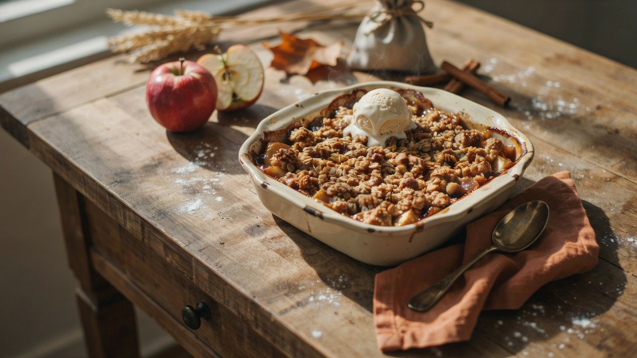 Warm apple crisp in a baking dish with golden oat topping and melting vanilla ice cream on top.