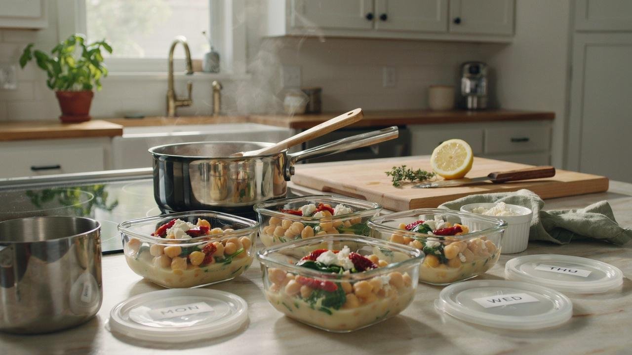 Creamy Tuscan chickpeas stored in meal prep containers with a portion being reheated on the stovetop.