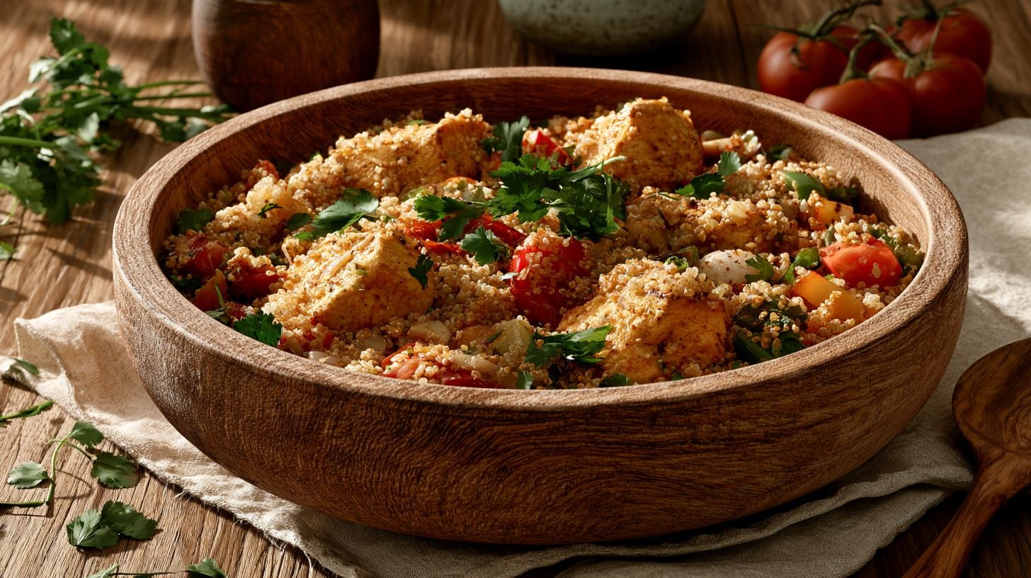 Homemade quinoa con pollo served in a rustic bowl.
