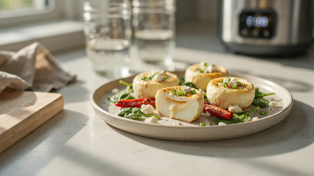 Creamy homemade sous vide egg white bites served with fresh vegetables and herbs.