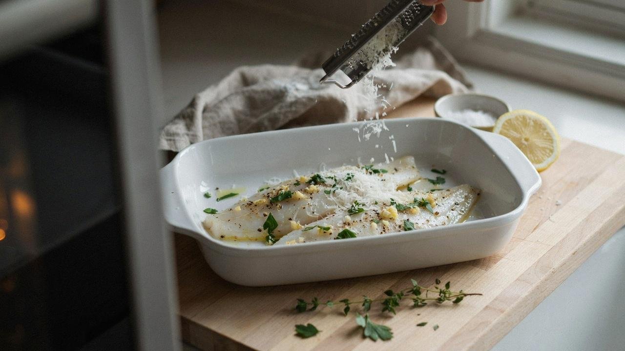 Parmesan cheese sprinkled over seasoned flounder before baking.