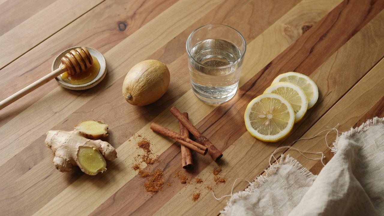 Ingredients for avocado seed tea including avocado seed, honey, lemon, cinnamon, and ginger.