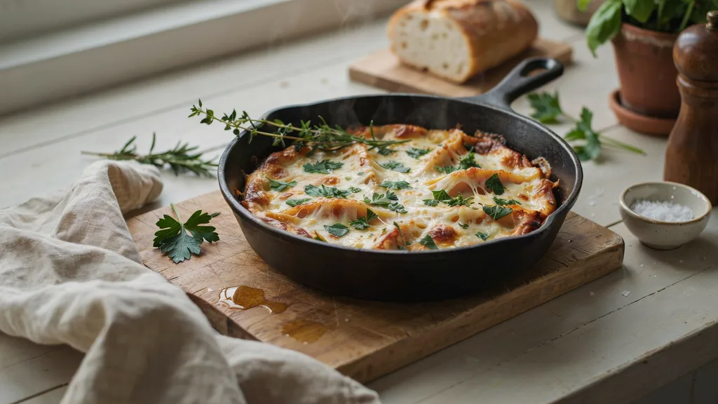 Ground turkey skillet finished with herbs and cheese.