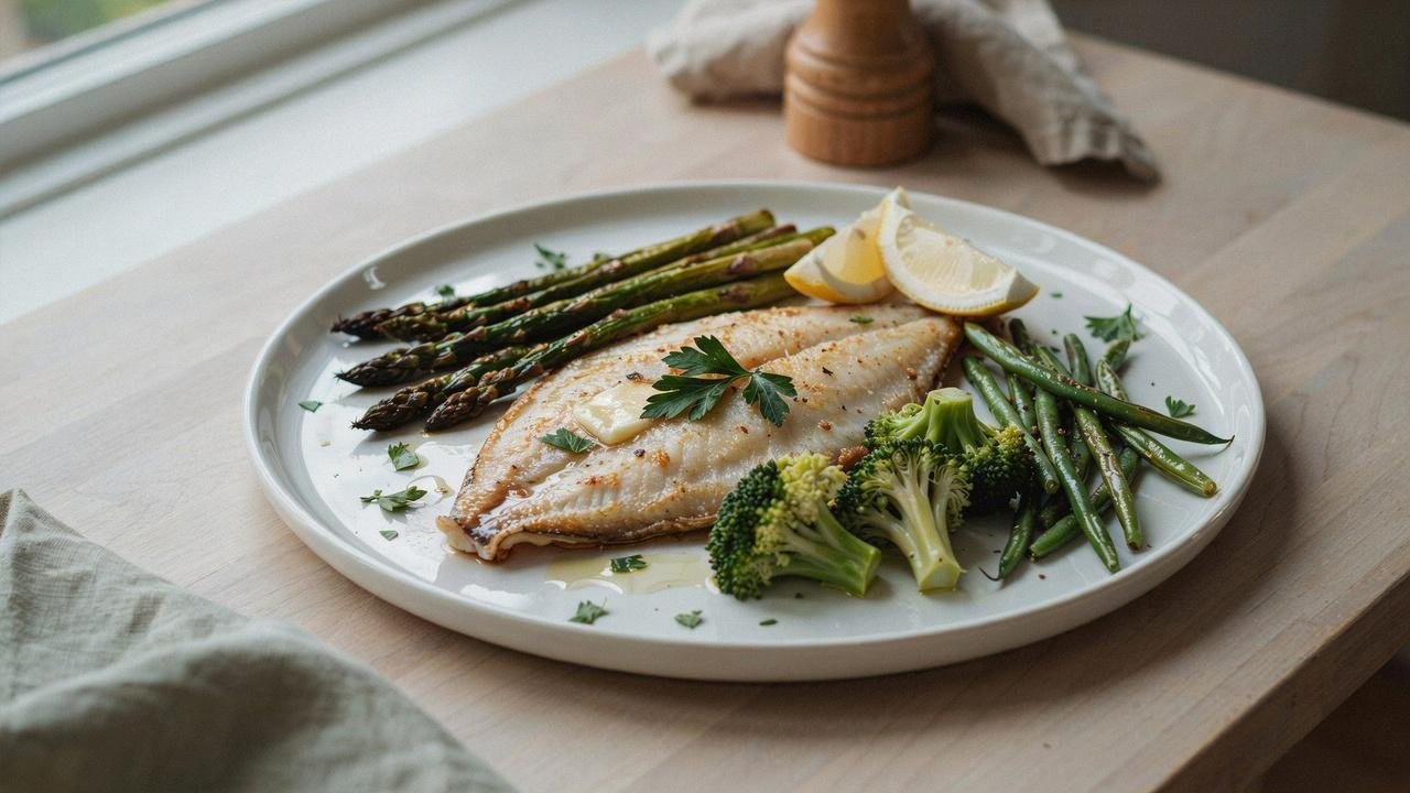 Baked flounder served with roasted asparagus, broccoli, and green beans.