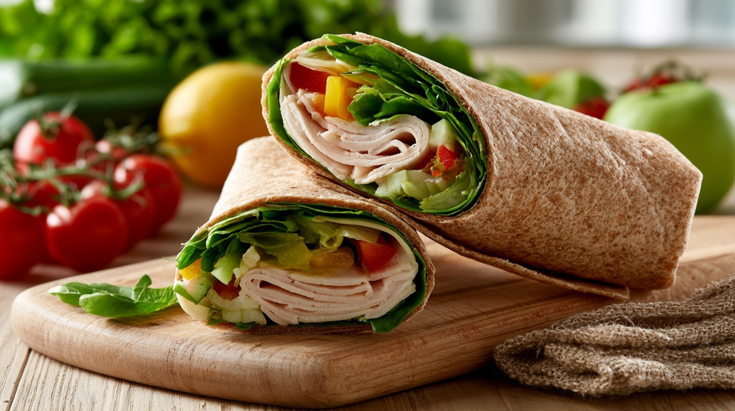 Healthy turkey wrap highlighting lean protein and fresh vegetables.