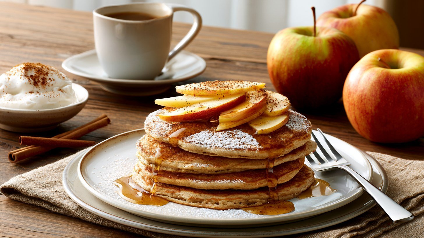 Apple cottage cheese pancakes served warm with maple syrup.