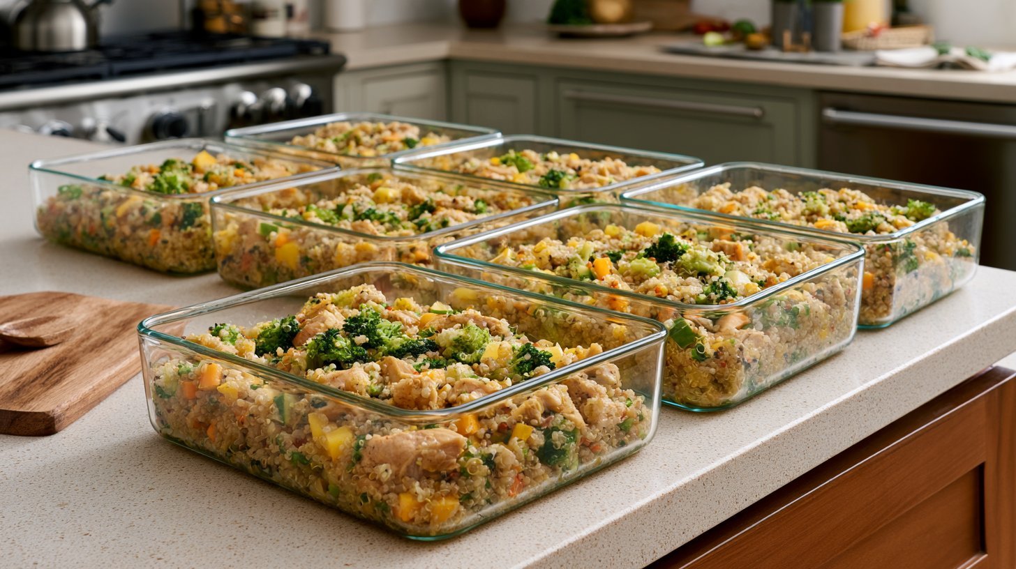 Meal prep containers filled with quinoa con pollo.