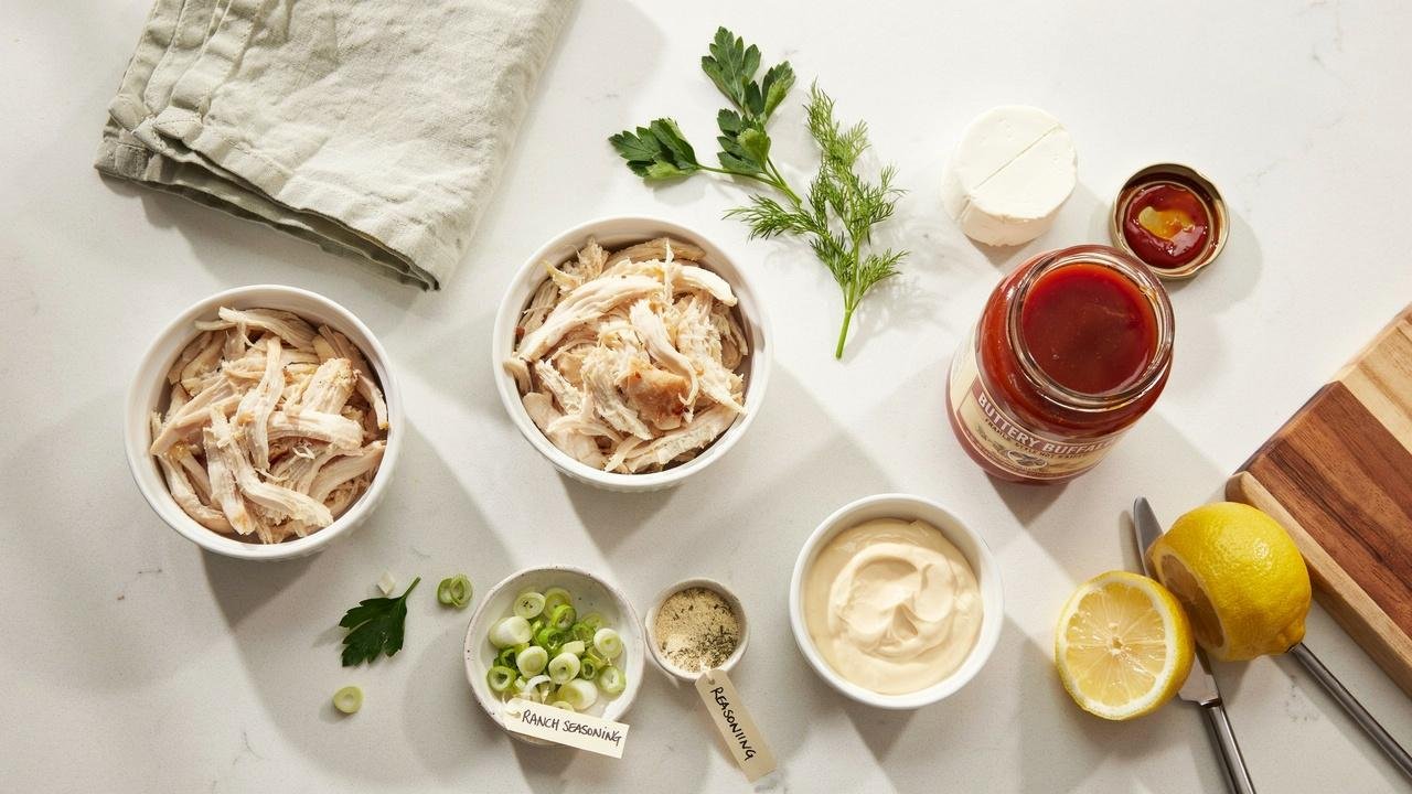 Ingredients needed to make dairy free buffalo chicken dip.