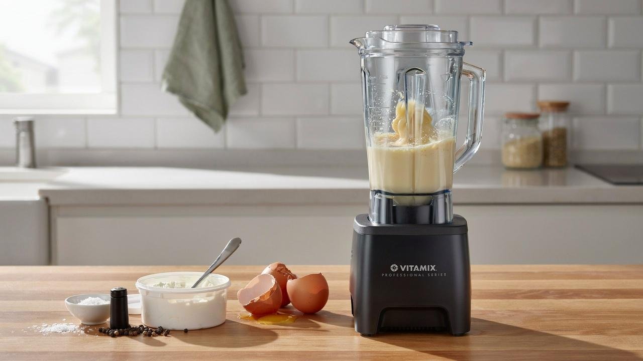 Blending eggs and cottage cheese into a smooth mixture for egg bites.