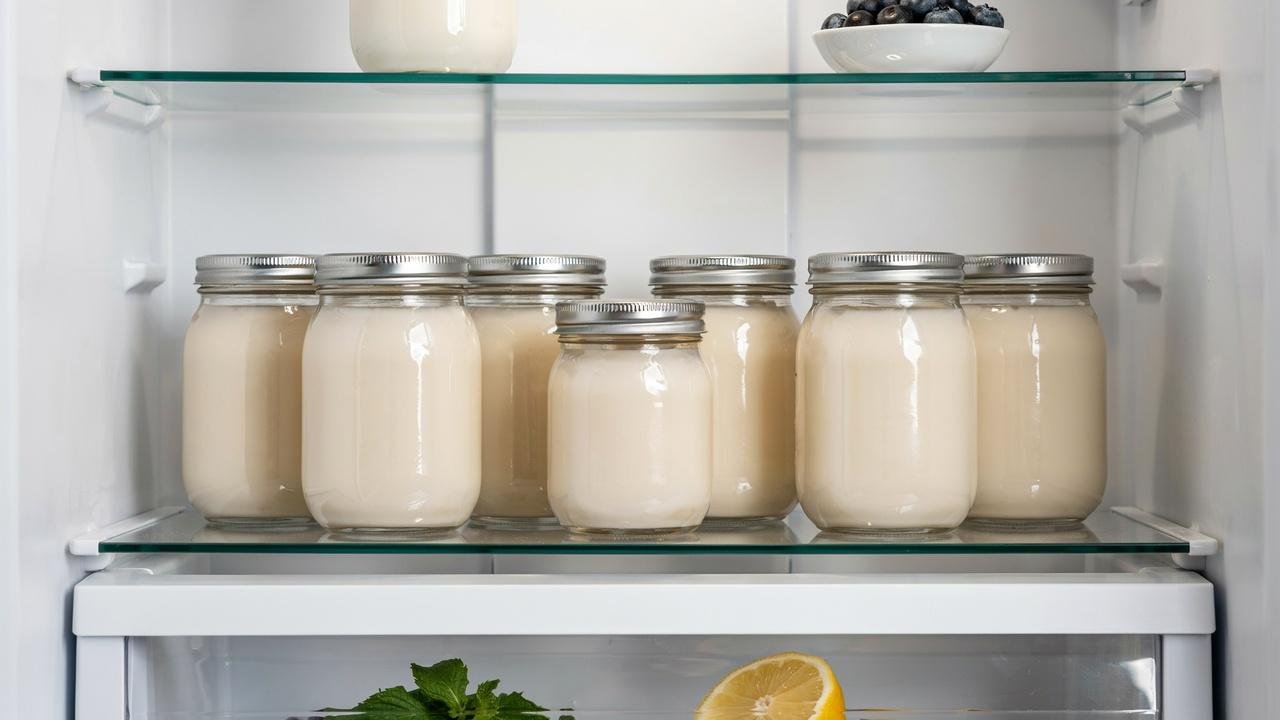 Homemade raw milk yogurt stored in sealed airtight mason jars in a refrigerator.