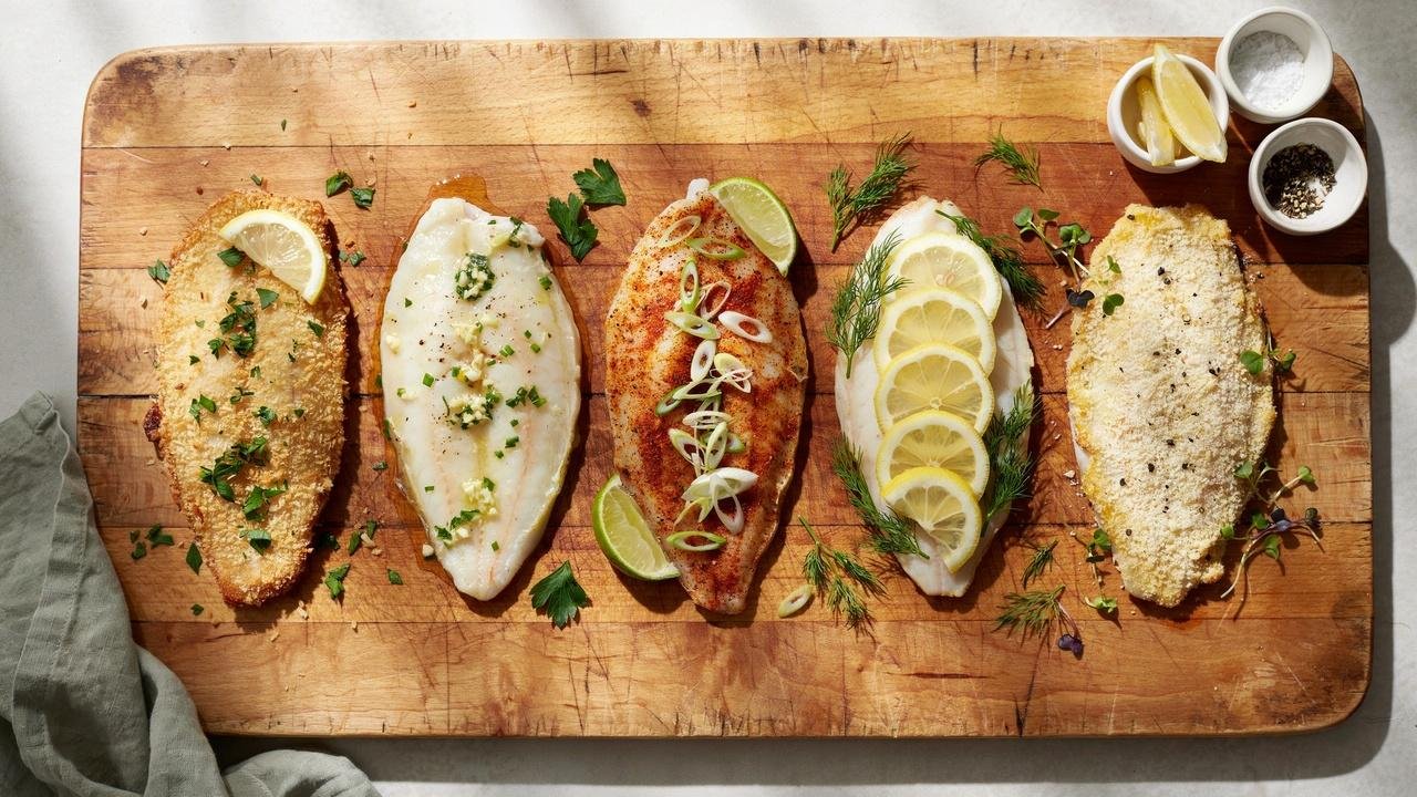 Five baked flounder variations including breadcrumb, garlic herb, Cajun, lemon dill, and low-carb Parmesan styles.