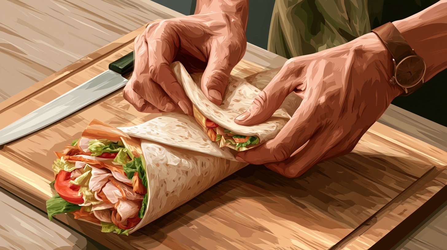 Rolling and slicing a healthy turkey wrap.