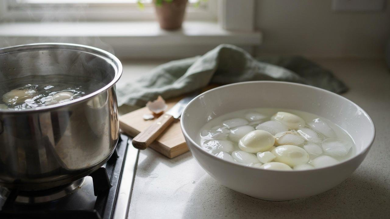 Hard-boiled eggs cooling in an ice bath before peeling and chopping for high protein egg salad.