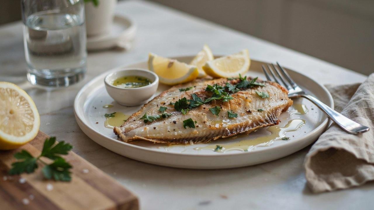 Baked flounder garnished with parsley and lemon, ready to serve.