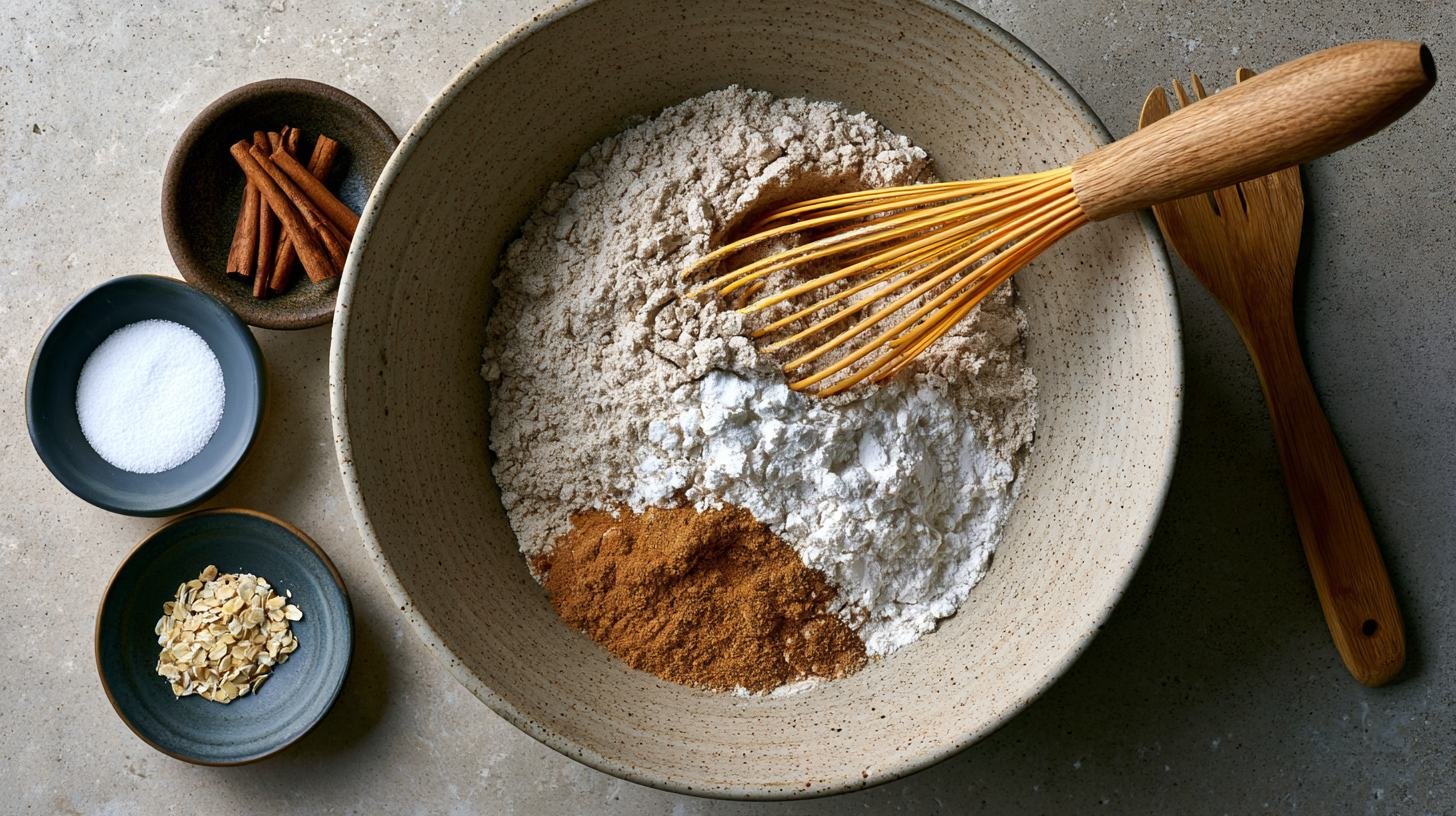 Mixing dry ingredients for healthy apple bread.